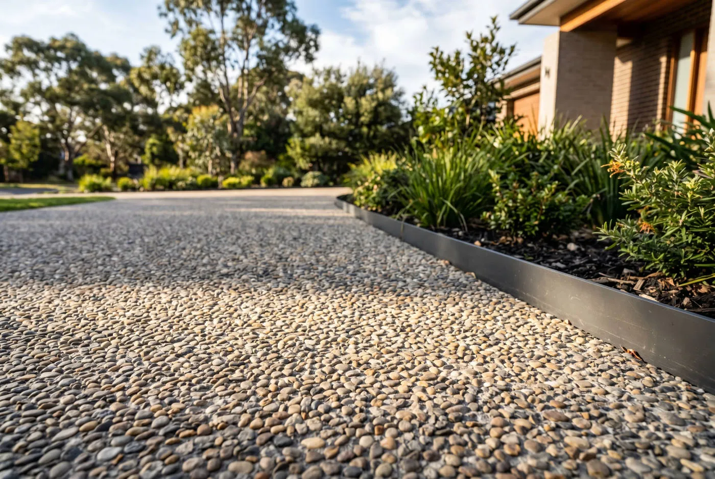 Close-up of a decorative exposed aggregate concrete finish