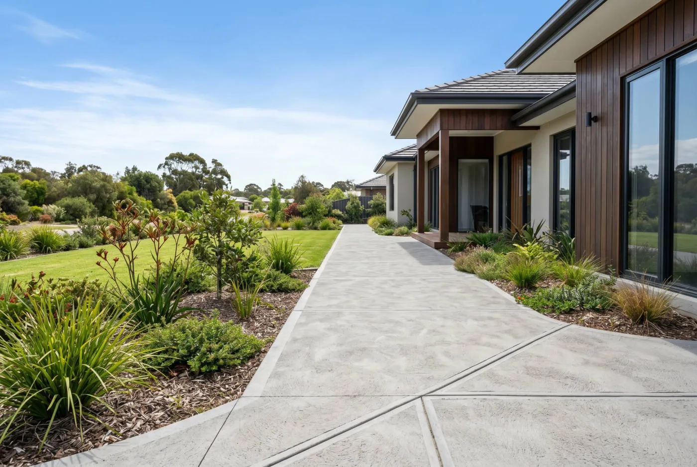 Broom-finished concrete perimeter footpath beside a home